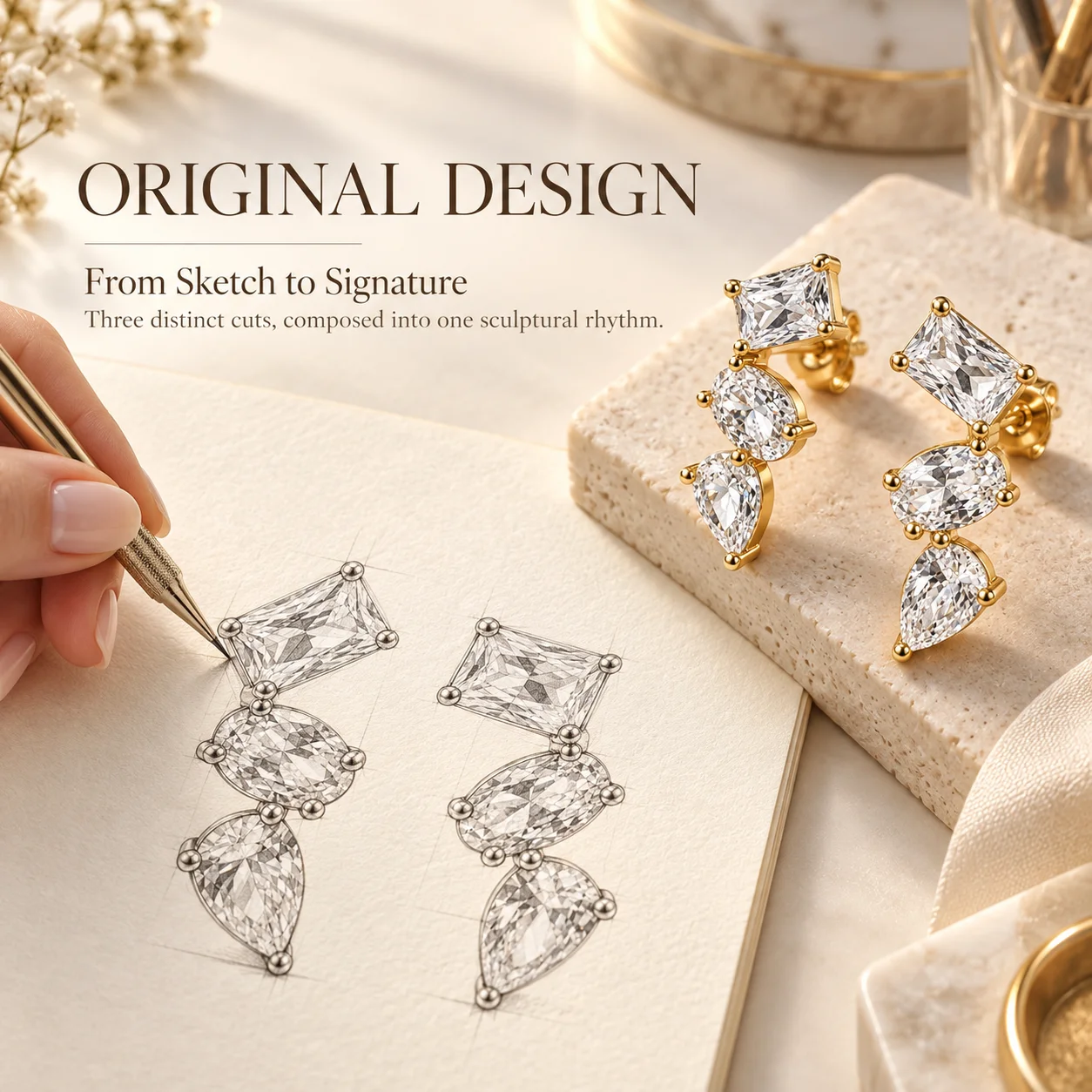 Moonmory Geometrische Drei-Stein-CZ-Ohrstecker für Damen 5A Ovaler Birnen-Zirkon Messing 14K Gold Doppelt Vergoldeter Schmuck Großhandel – Detail 3
