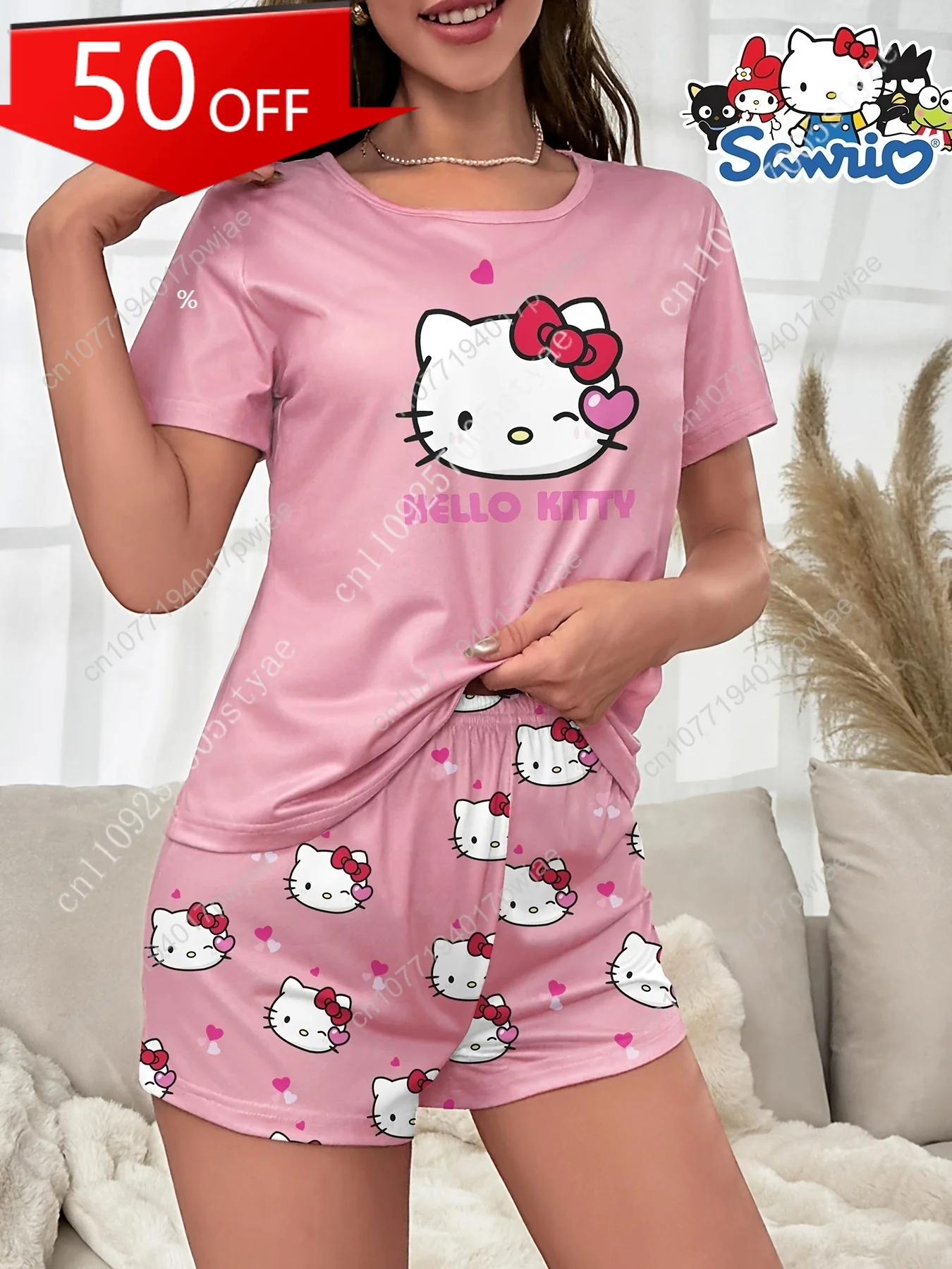 

Sanrio Hello Kitty Cartoon Pattern Pajamas Homewear Round Neck Short Sleeve Shorts Pink Cute Casual Pajama Set
