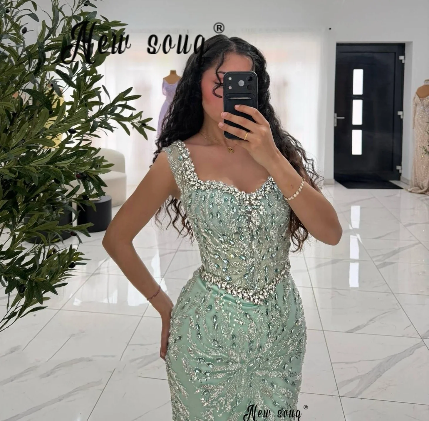 Vestido de fiesta verde menta con tirantes de verano, vestidos largos personalizados con cuentas para invitadas de boda, vestido de cóctel para niñas, vestido para ocasiones especiales, vestido madrinha