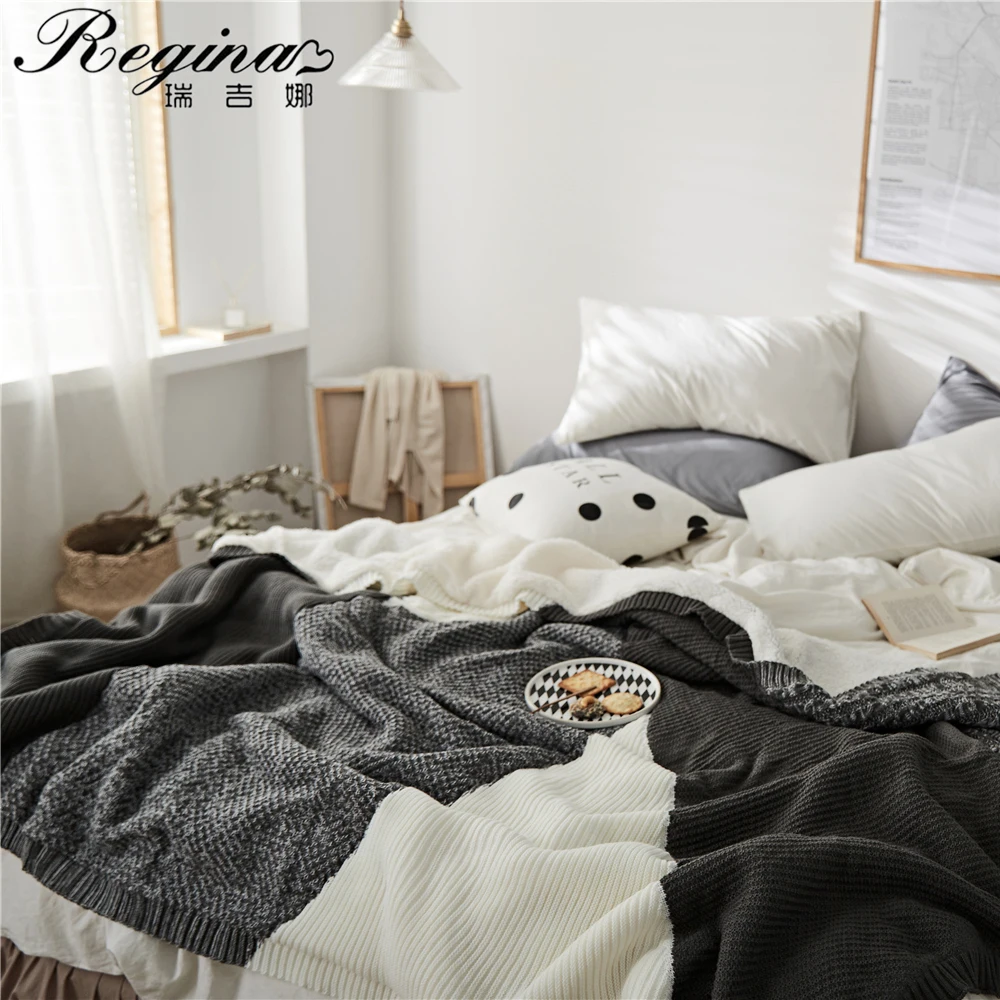 REGINA Luxury Texture Sherpa Fleece Blanket Comforter Elegant Cozy Mix Knitted Contrast Color Plaid Quilt Bed Sofa Throw Blanket