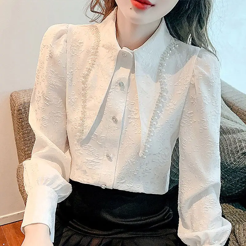 Women Vintage Beaded Chic Pointed Collar Design Button Up Shirt Autumn Fashion Office Lady White Blouse Elegant Long Sleeve Tops