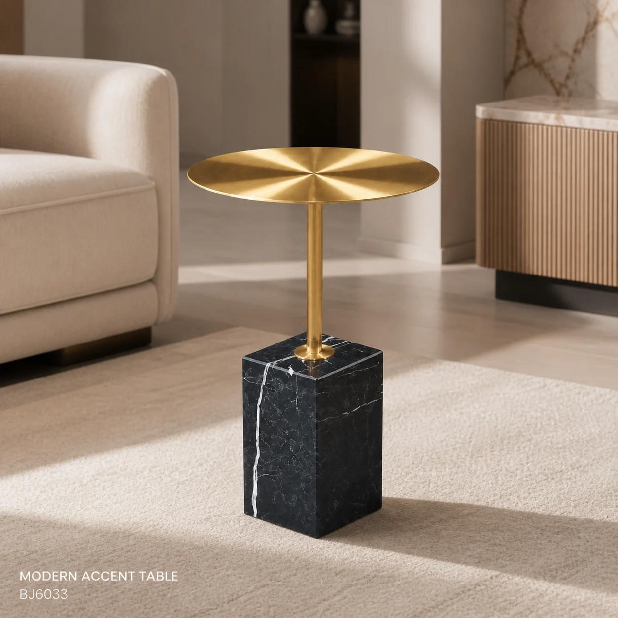 Factory Direct Brushed Gold Stainless Steel Side Table with Natural Stone Pedestal for Hotel Lounge OEM ODM Manufacturer