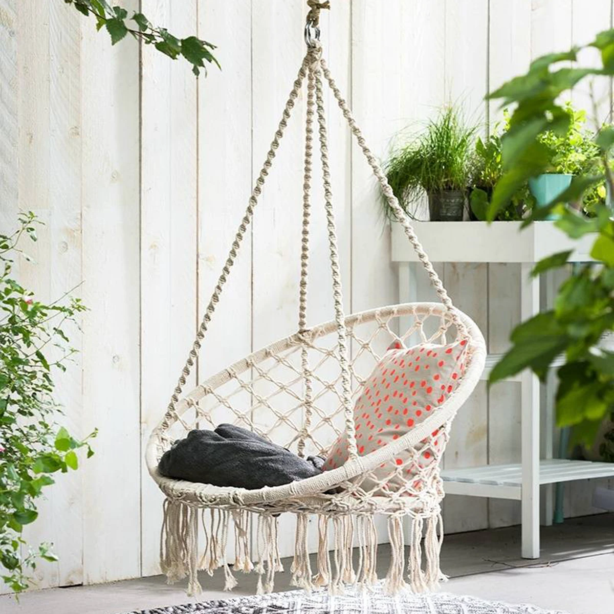 

150KG Hammock Hanging Swing Chair Durable Knitted Macrame Swing Chair with Tassels Max 330 Lbs 2 Ways to Hang for Bedroom Garden