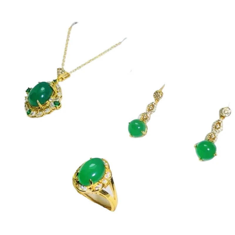 

Natural Emperor Green Chalcedony Pendant Earrings Ring Three-piece Silver Inlaid Emperor Green Chalcedony Jewelry Set