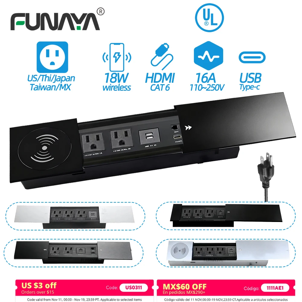 

US Table slide cover socket Hidden Recessed Embedded desk Outlets with USB Wireless Charge Multi Plug 10A 110~250V 2600W Socket