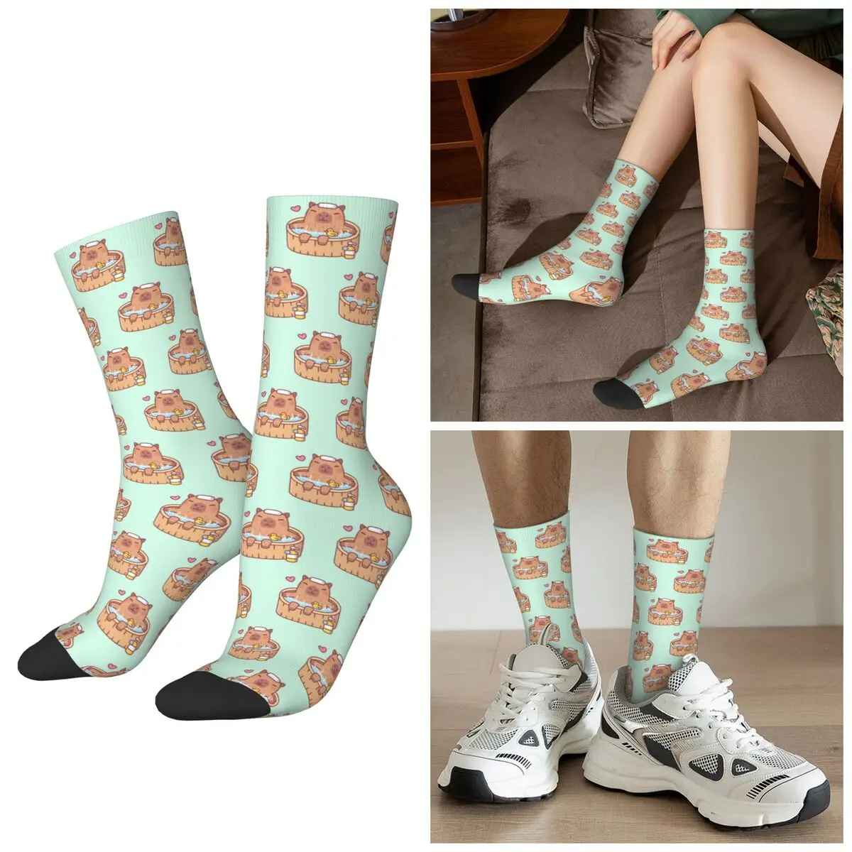

All Seasons Cute Capybara And Ducky Relaxing In Hot Bath Socks Harajuku Sport Middle Tube Socks Funny Stockings for Men Women