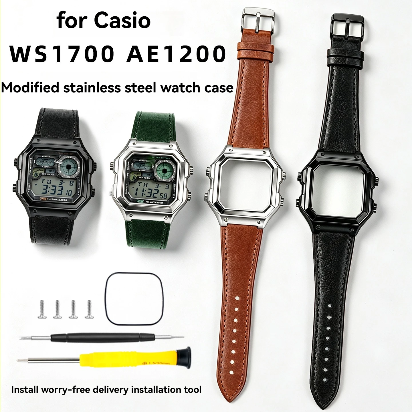 All Metal Watch Mod Kit for Casio AE1200/WS-1700/AE1300/WS1600 | 304 Stainless Steel Case, Durable Waterproof Upgrade Parts