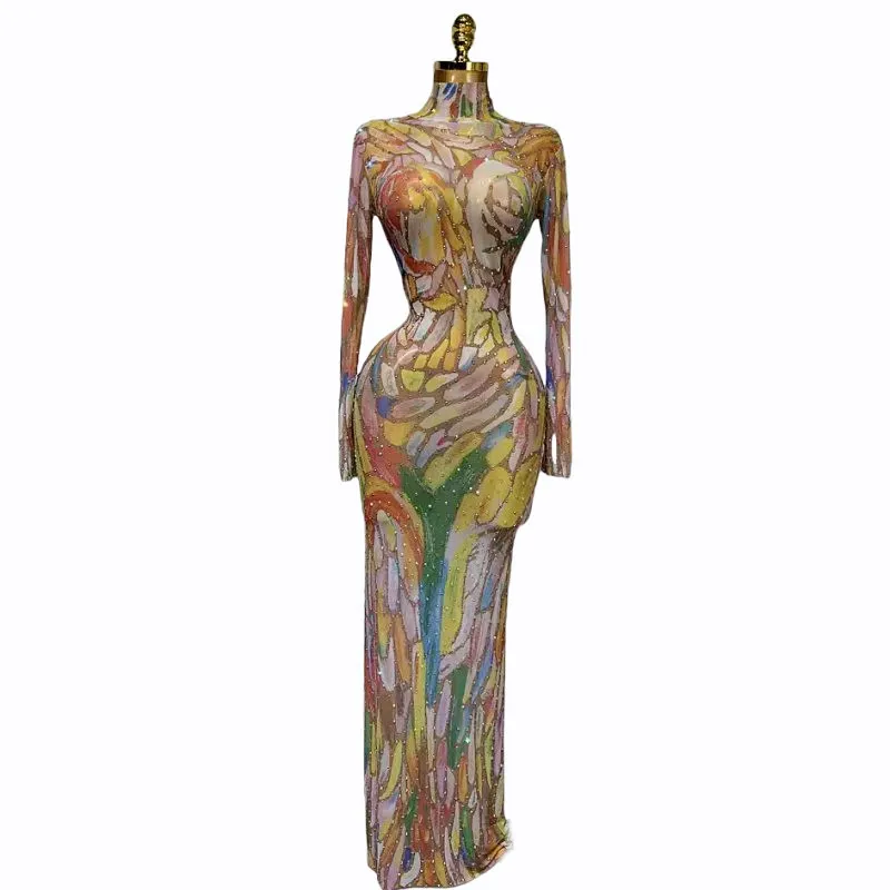 

Женское длинное платье с красочным принтом и блестящими стразами, сетчатое платье для дня рождения, выпускного вечера, прозрачное сексуальное платье для ночного клуба, певицы, сценическая одежда