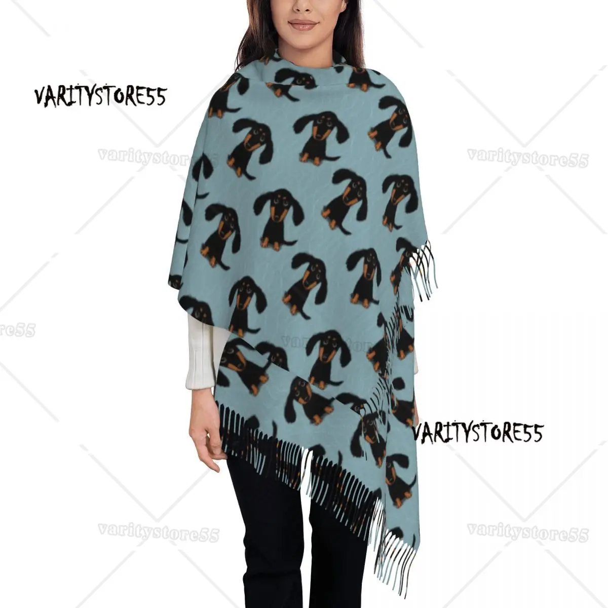 

Women's Tassel Scarf Longhaired Dachshund Puppy Large Winter Warm Shawl Wrap Animal Wiener Dog Gifts Pashmina Scarves