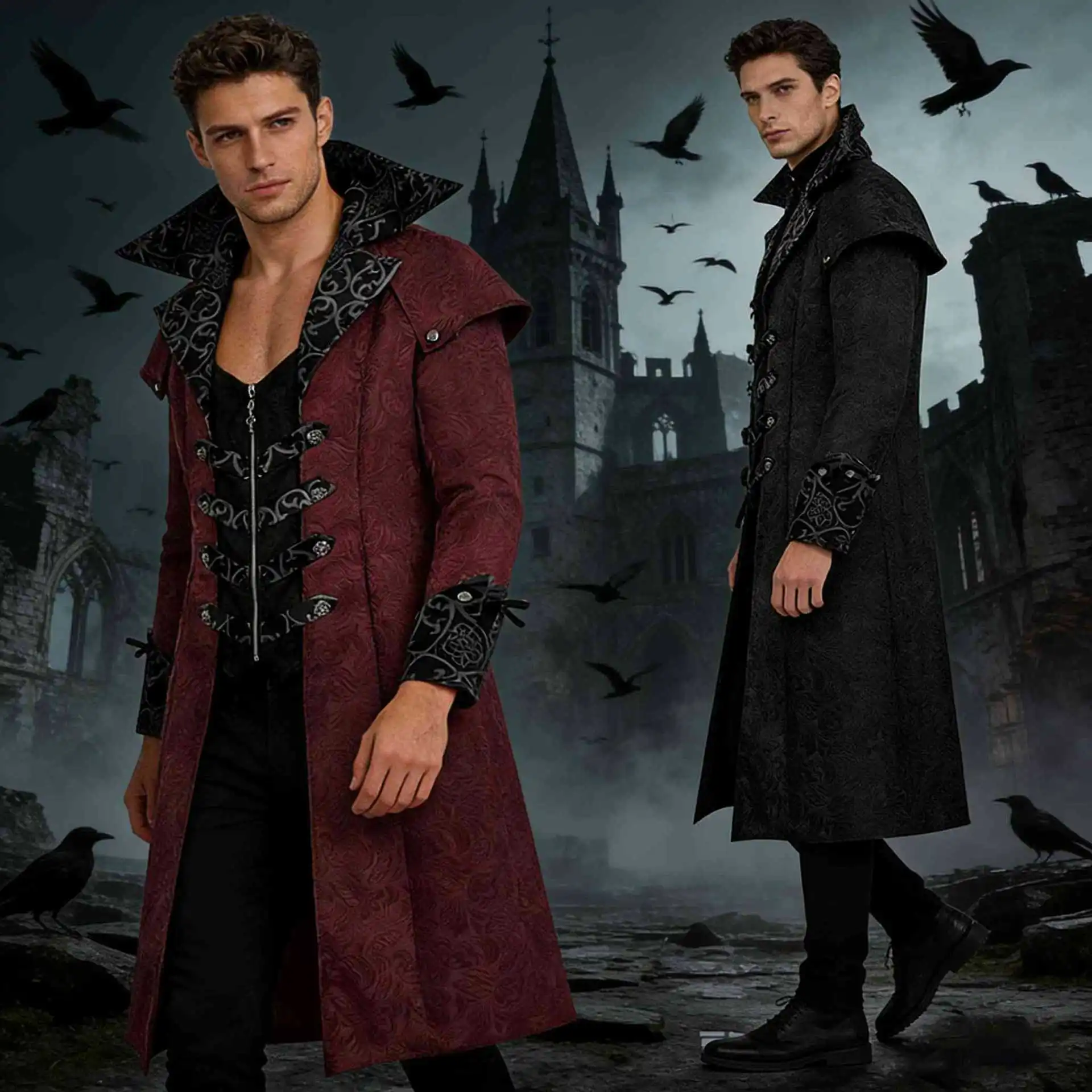 

Vintage Medieval Long Trench Coat Gothic Double Breasted Jacket Men's Steampunk Overcoat Victorian Cosplay Tailcoat Costume