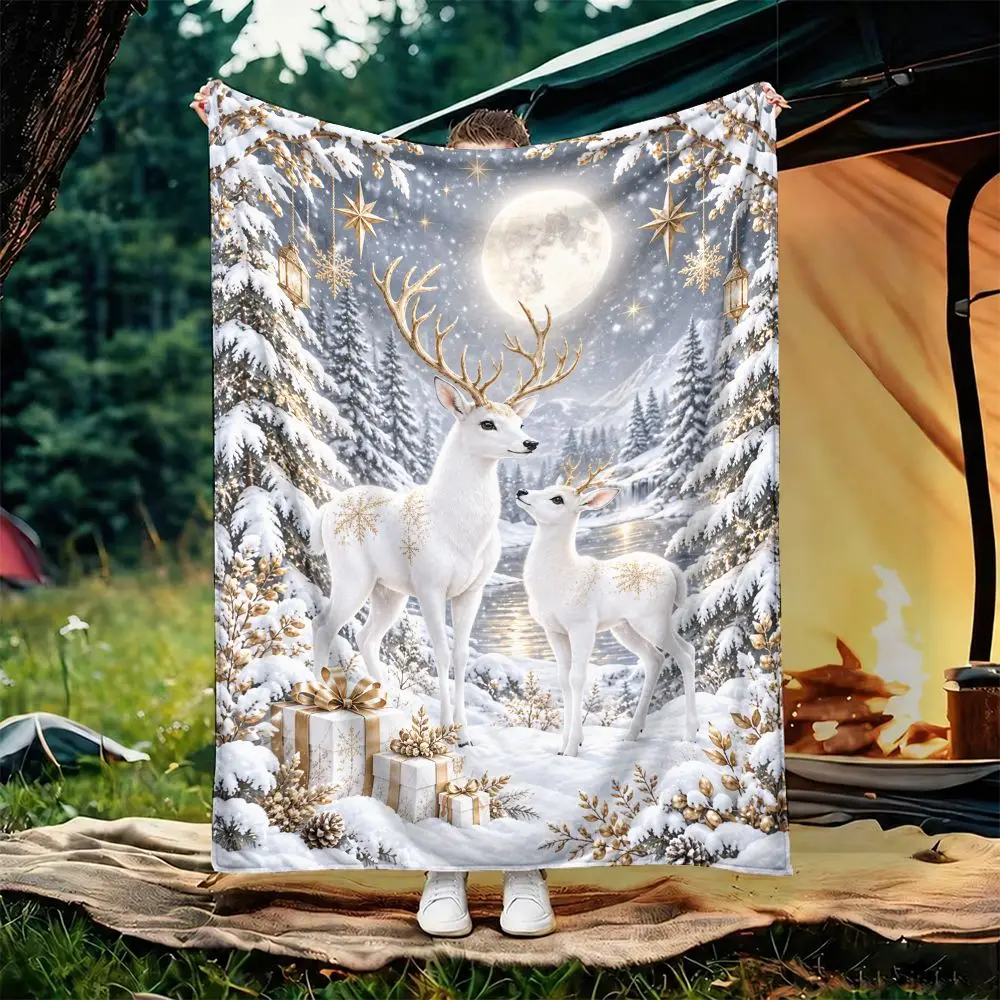 Cozy Winter Forest Scene Throw Blanket Reindeer Moon Night Snowfall Holiday Decor Plush Throw