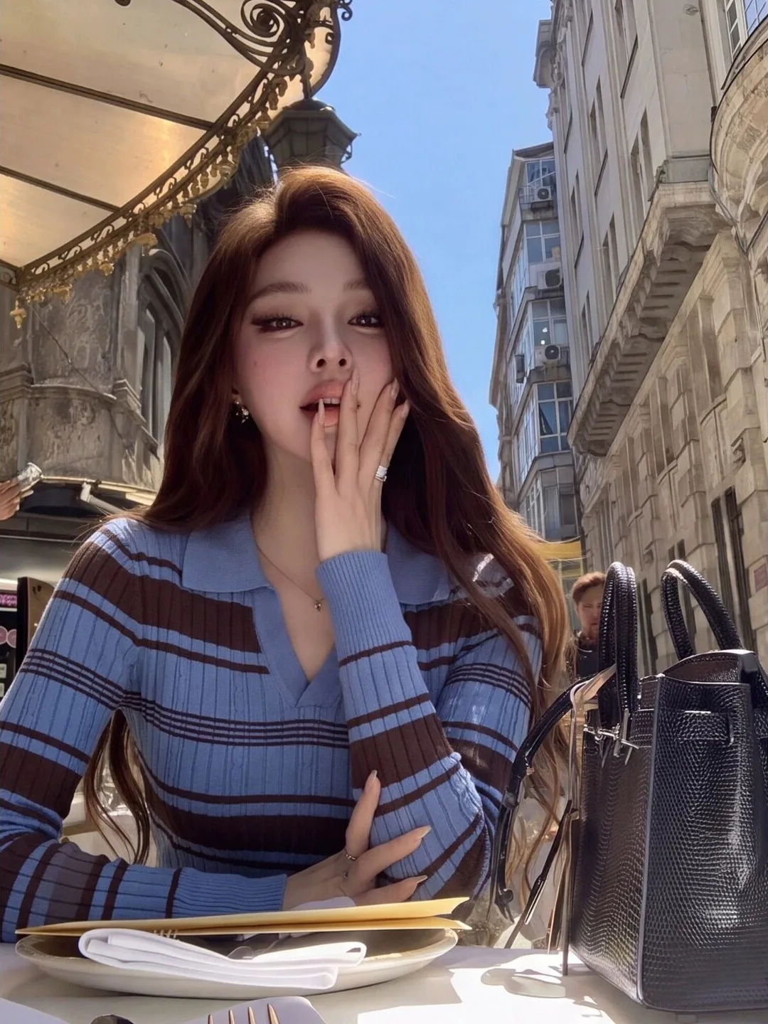 Blue Striped Long Sleeve Knitted Shirt Women's Base Layer Design Sense Top Fall Fashion Small Size Inner Wear Korean Style
