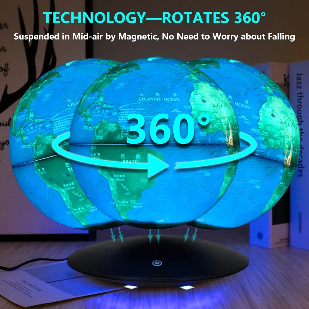 20cm 8 Inch Desk Geographic Teaching Interactive World English Map Magnetic Levitating Floating RGB LED Light Plastic Globe