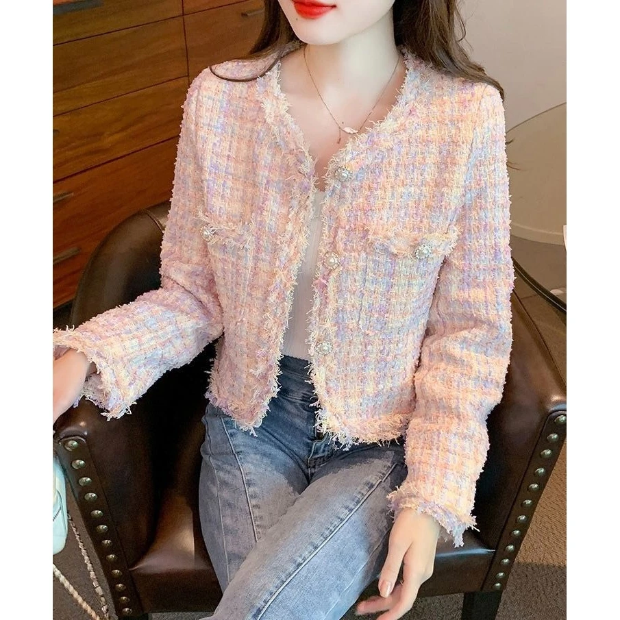 Nueva ropa de abrigo holgada y deshilachada de lujo, abrigo ort versátil para mujer, temporada de primavera, tela de Tweed