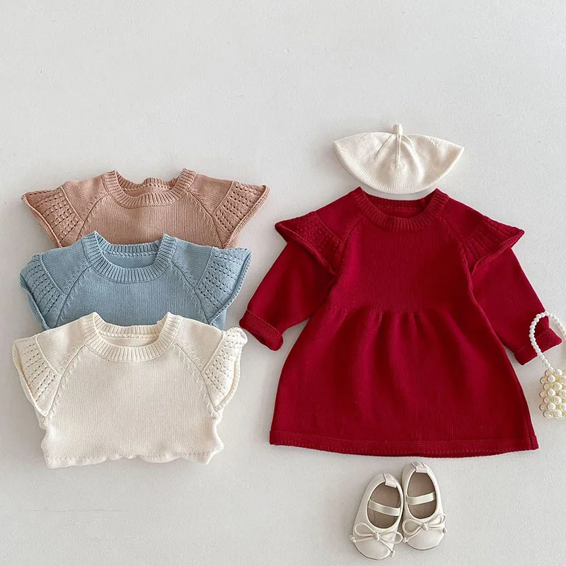 2024 New Autumn Children Knitted Clothes 1-6Yrs Girl Long Sleeved Solid Color Knitting Party Dress Kids Princess Dresses