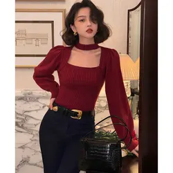 Pullovers retro mulheres cabresto dentro do suéter feminino elegante sexy magro coreano streetwear na moda lazer macio elástico topo chique vermelho