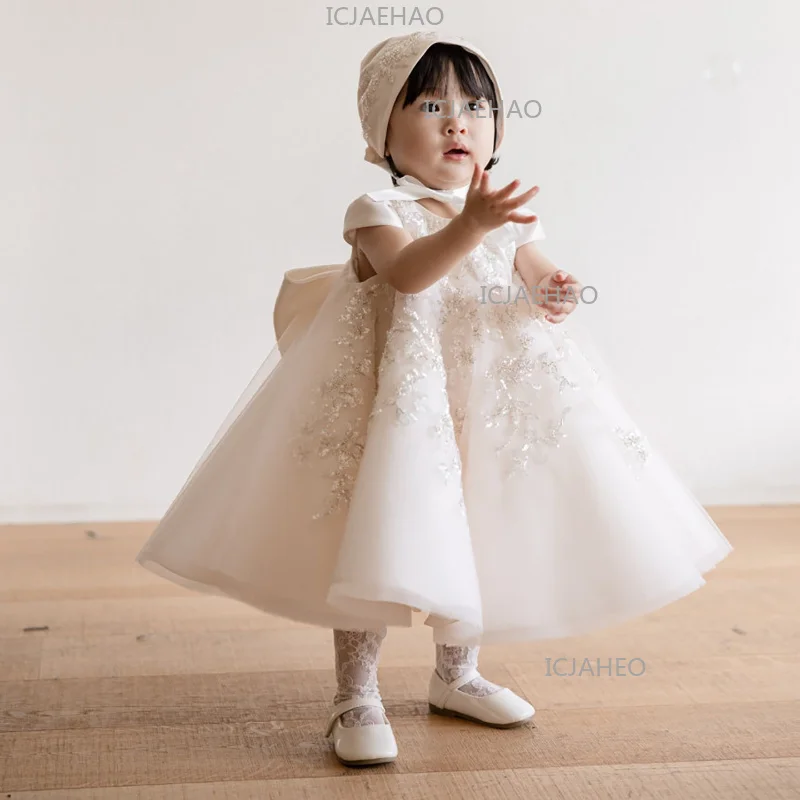 Cute Baby Girl First Birthday White Short Sleeve Dress  Flower Girl Tutu Princess Gown Costume Children Week Catch Party Wedding