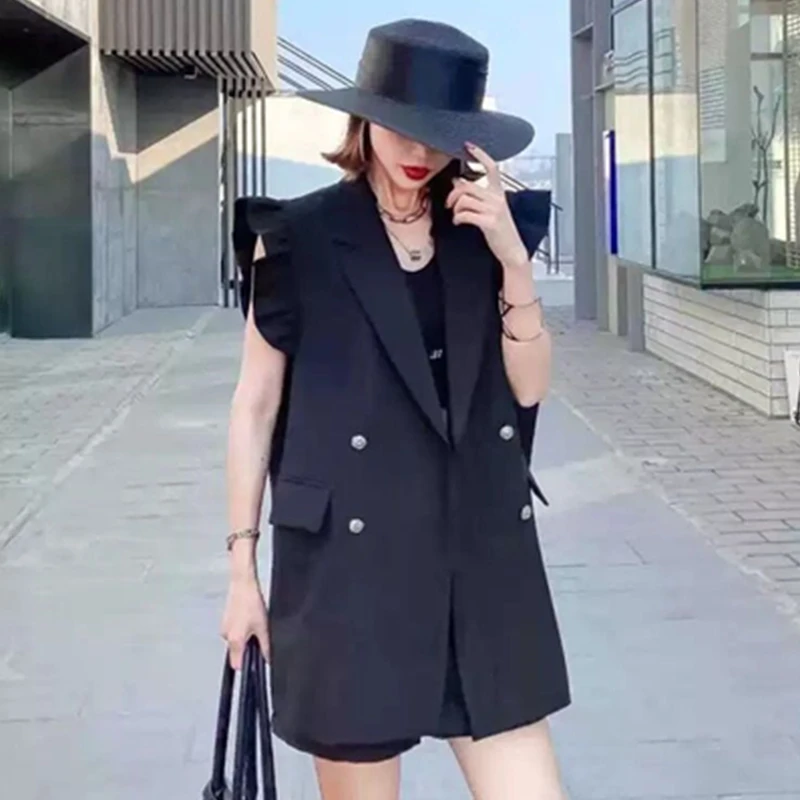 

Весна-осень 20220. Женский двубортный костюм с воротником-стойкой, корейская модная верхняя одежда с кружевным подолом.