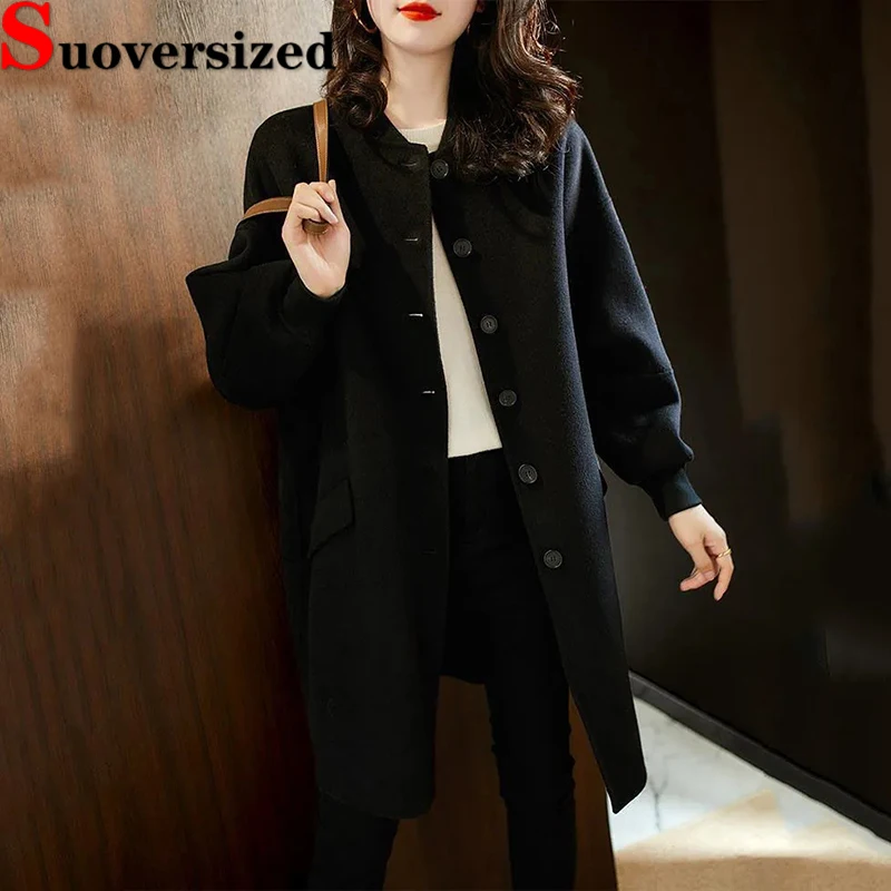 Oversized 80kg Woolen Bomber Jackets Fall Winter Warm Casual Abrigos Black Mid-length Women Casacos Thick Loose Wool Blend Coats