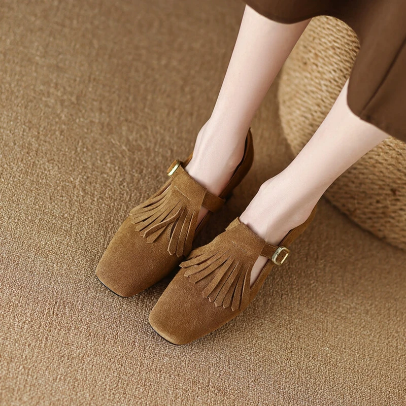 

New Spring Women's Pumps Cow Suede High Heels Square Toe Chunky Heel Shoes for Women Mid-heel Mary Janes Solid Tassel Girl Shoes