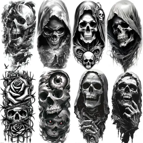 1 Sheet Scary Skull Grim Reaper Temporary Tattoos For Men Women Adults Halloween Waterproof Fake Tattoos Long Lasting Sticker