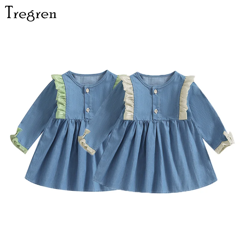 

Tregren Infant Baby Girls Dress Denim Frills Patchwork Buttons Crew Neck Long Sleeve Toddler Dress Cute Princess Dress