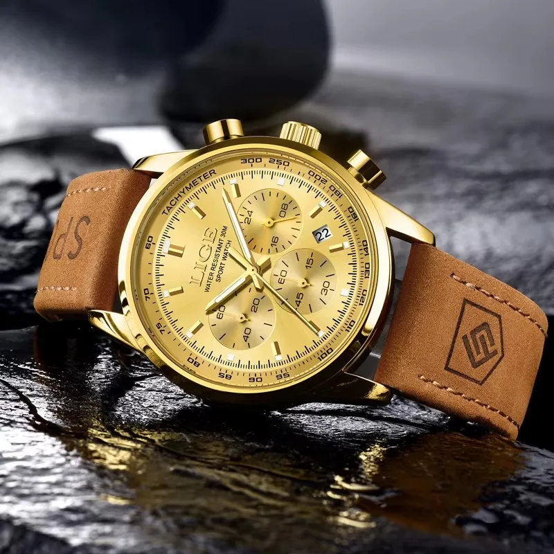LIGE Mens Watches Fashion Business Genuine Leather Quartz Wristwatch Waterproof Chronograph Luminous Watch Man Male Clock
