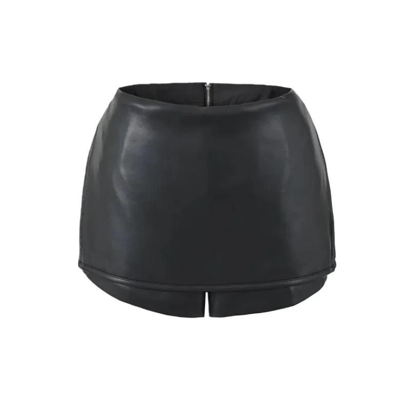 Mini falda pantalón con cremallera lateral bidireccional RA con cremallera lateral cubierta de Pu para mujer