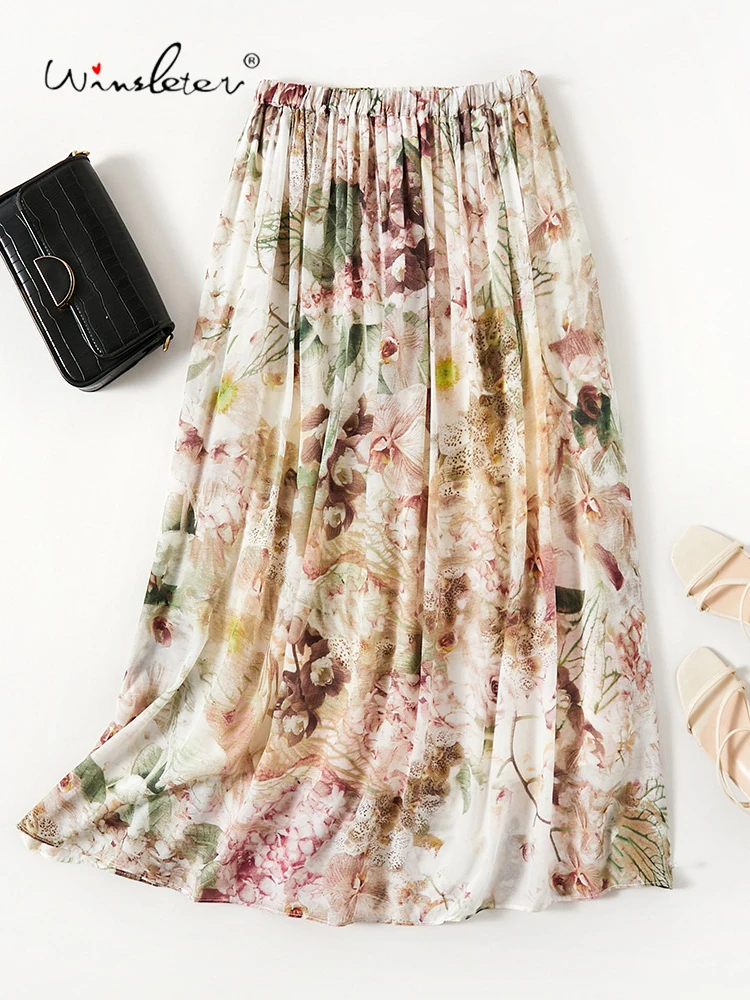

Winsleter-100% шелковые элегантные юбки, эластичная талия с цветочным принтом, женская вечерние юбка трапециевидной формы Prairie Chic, весенняя новинка 2026 B61307CC