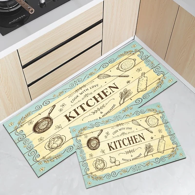 VIKAMA Light Blue Floral Frame Kitchen Mat Waterproof Non Slip Runner Rug Cook With Love Farmhouse Kitchen Floor Carpet