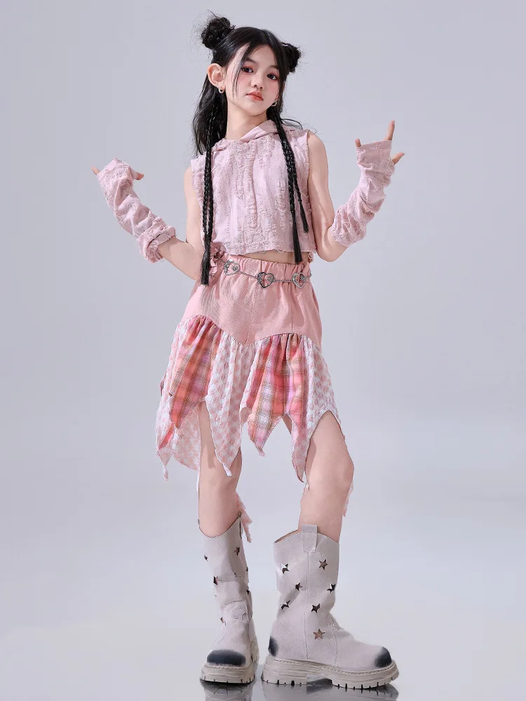 Hip Hop Girls Clothes Kids Jazz Street Dance Costume Pink Hooded Top Pink Petal Skirt for Child Performance Outfit