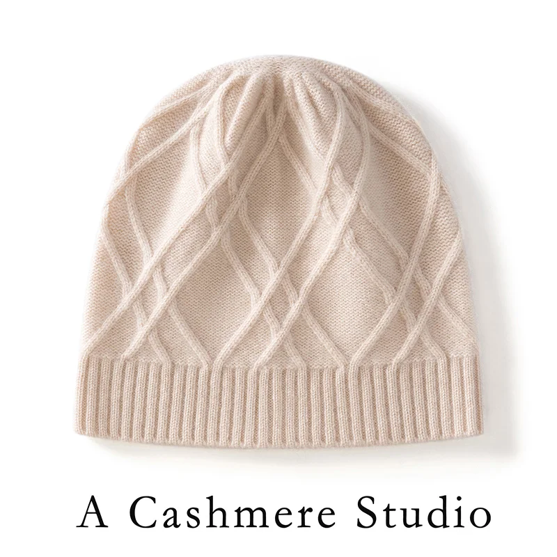 Real Cashmere Unisex Jacquard Knitted Hat Winter Warm Beanie Fashion Solid Color Beaded Cap Cashmere Men and women Pullover Hat