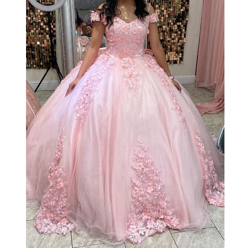 ANGELSBRIDEP Abiti stile Quinceanera rosa Festa di compleanno messicana Lace Up Appliqued in pizzo con scollo a V Abiti da ballo di fine anno personalizzati