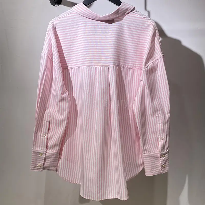 CNlalaxury 2023 New Summer Woman Striped V-neck Single-breasted Button Shirt Fashion Loose Casual Blouses Female Tops Chic