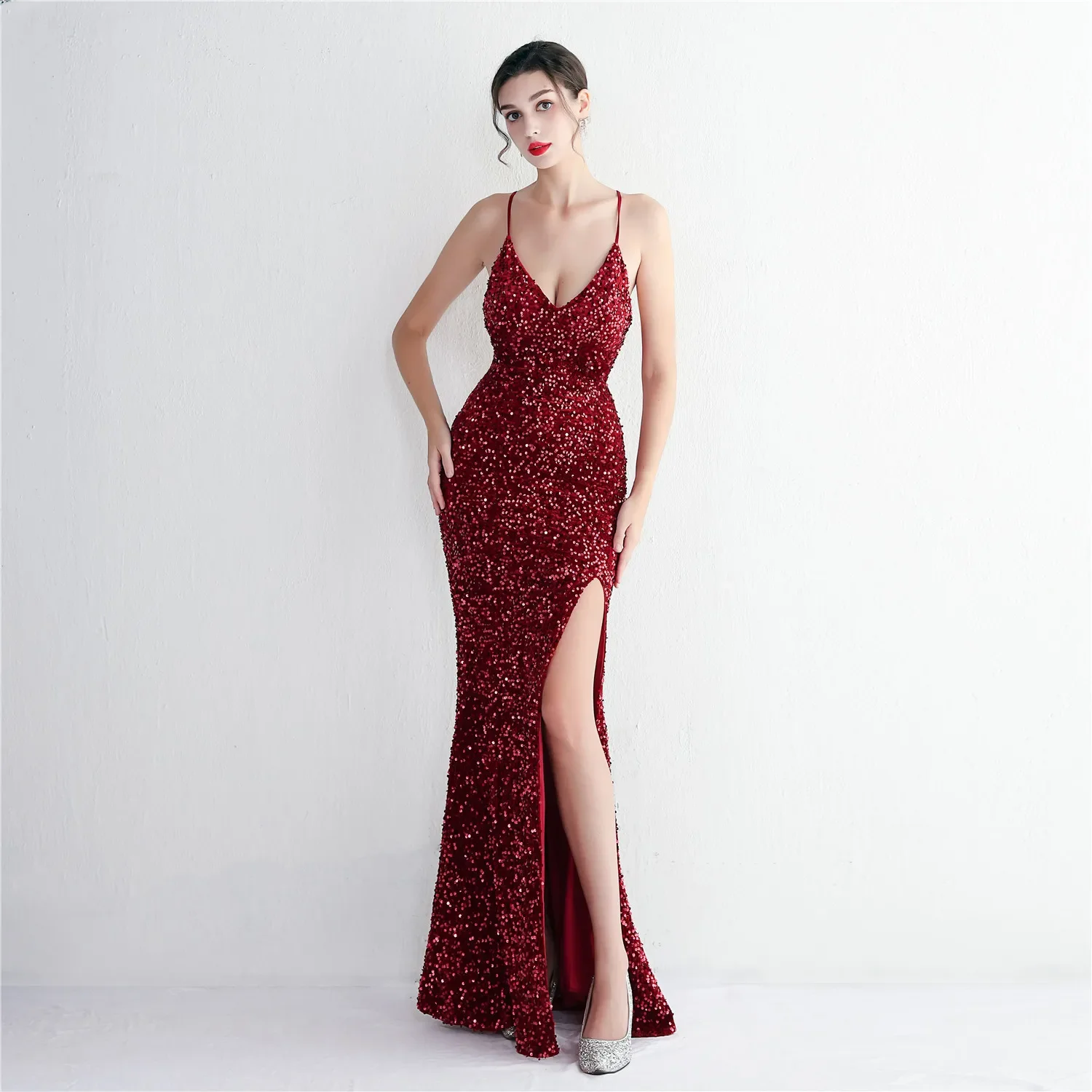 

Evening Dress Burgundy Sequins Stretchy Sgaphetti Straps Zipper Back Mermaid Trumpet Floor Length Women Party Formal Gowns YE062