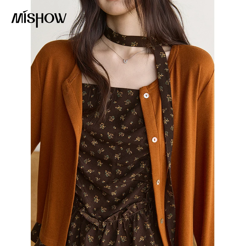 MISHOW Floral Cami Knit Cardigan 2 Piece Set 2026 Autumn Orange Cardigan Tank Top with Ribbon Elegant Ladies Sets MXF47T3362