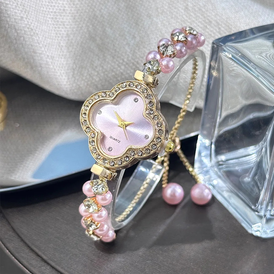 Diamond Set Color Light Luxury Drawstring Watch Exquisite Small Pearl Clover Drawstring Style Quartz Women's Watch