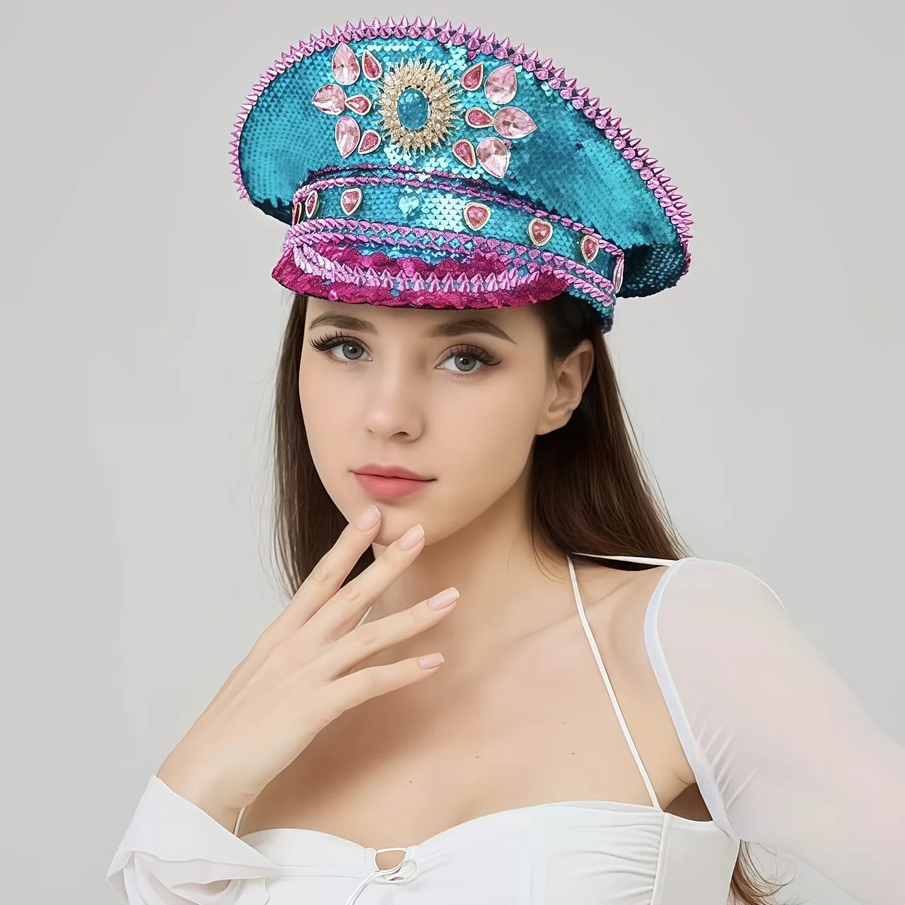 

HongLuan Yellow Laser Leather Loop Captain Hat Rhinestone & Military Caps for Woman, Rave Festivals Accessories ＆ Party Cap Man