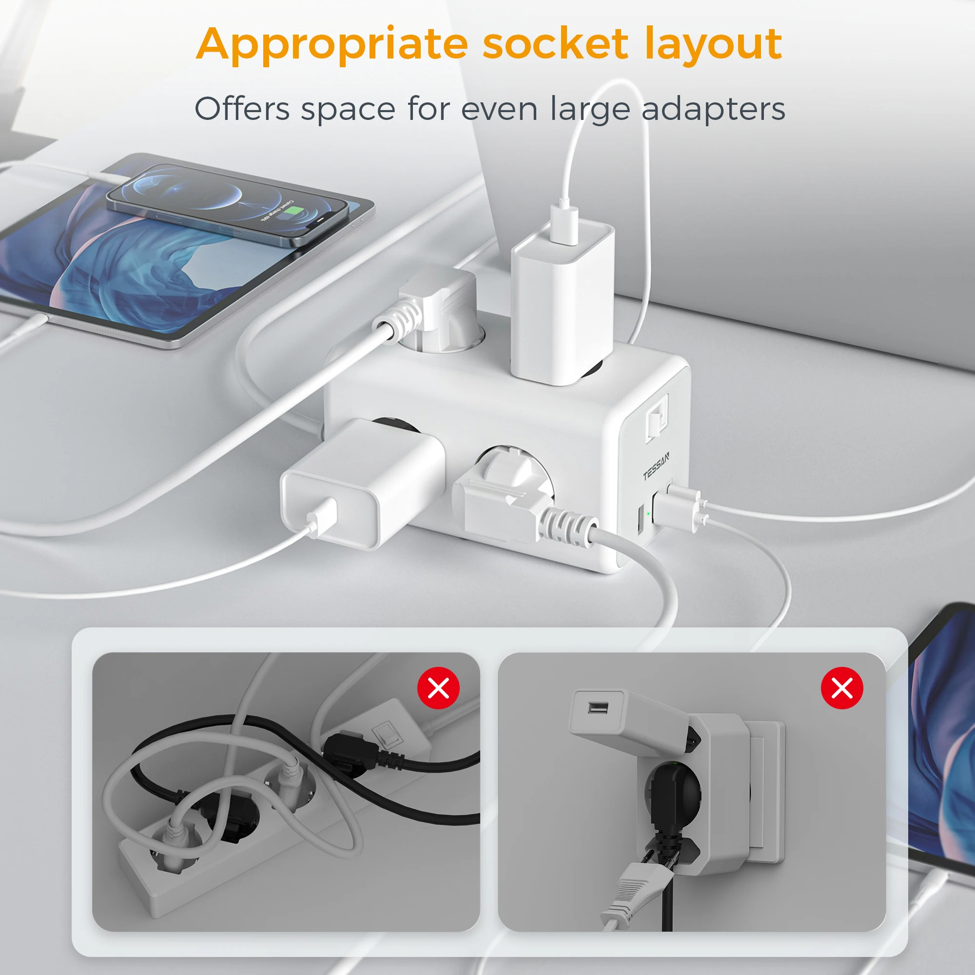 شريط طاقة لسطح المكتب بمقبس أوروبي من تيسان مع مفتاح 6 منافذ 3 منافذ USB 3600 وات شريط طاقة متعدد الاتحاد الأوروبي مع كابل 2 متر للمنزل