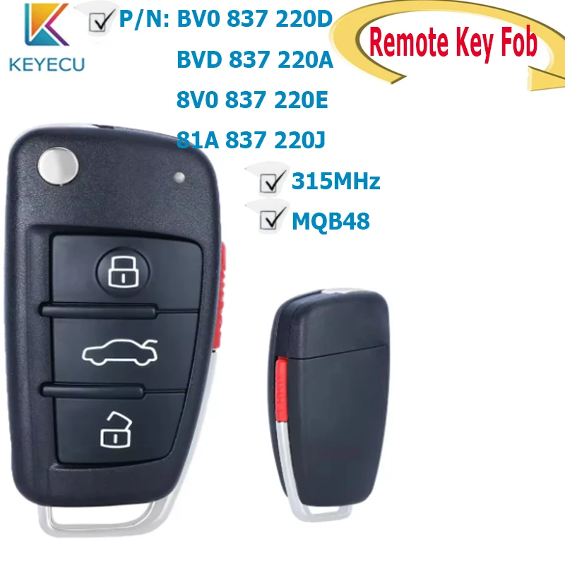 KEYECU Proximity Keyless-Go Smart Remote Key Fob for AUDI A3 2013-2017 ASK 315MHz MQB48 8V0 837 220E, 81A 837 220J  BV0 837 220D