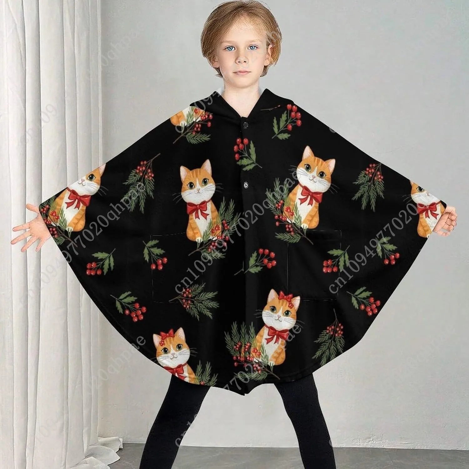 سترة بطانية مريحة من الفلانيل، هوديي كبير الحجم بأقواس حمراء للقطط مع جيوب للأطفال والمراهقين