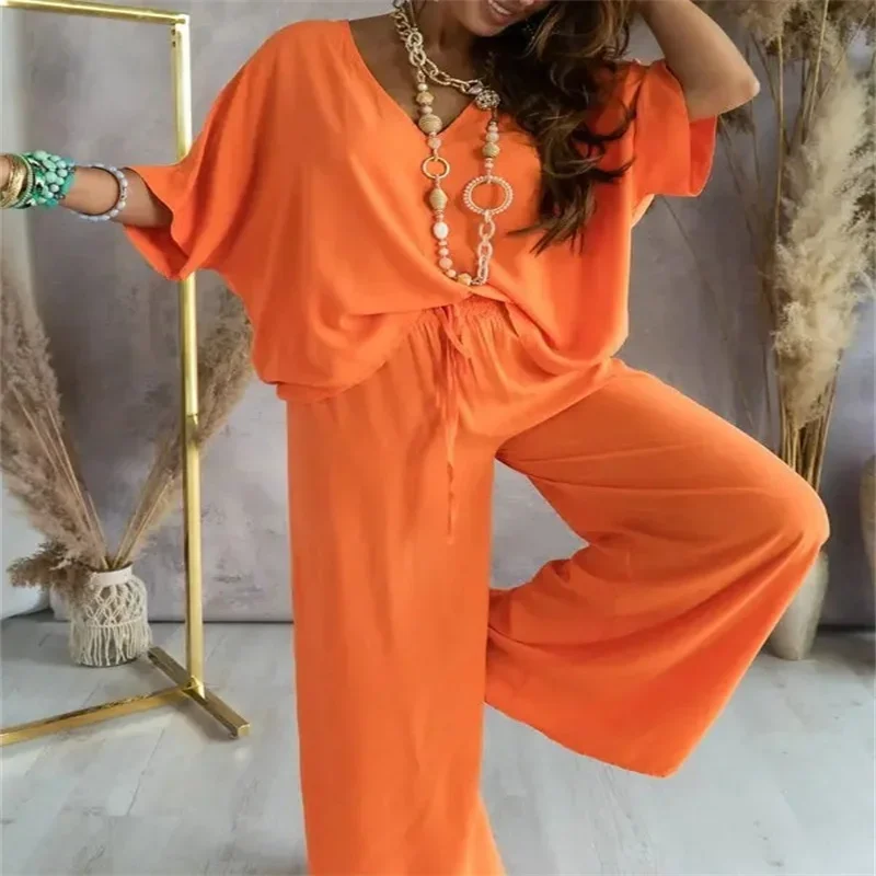 2024 summer popular V-neck bat sleeve rayon top lace up casual pants suit