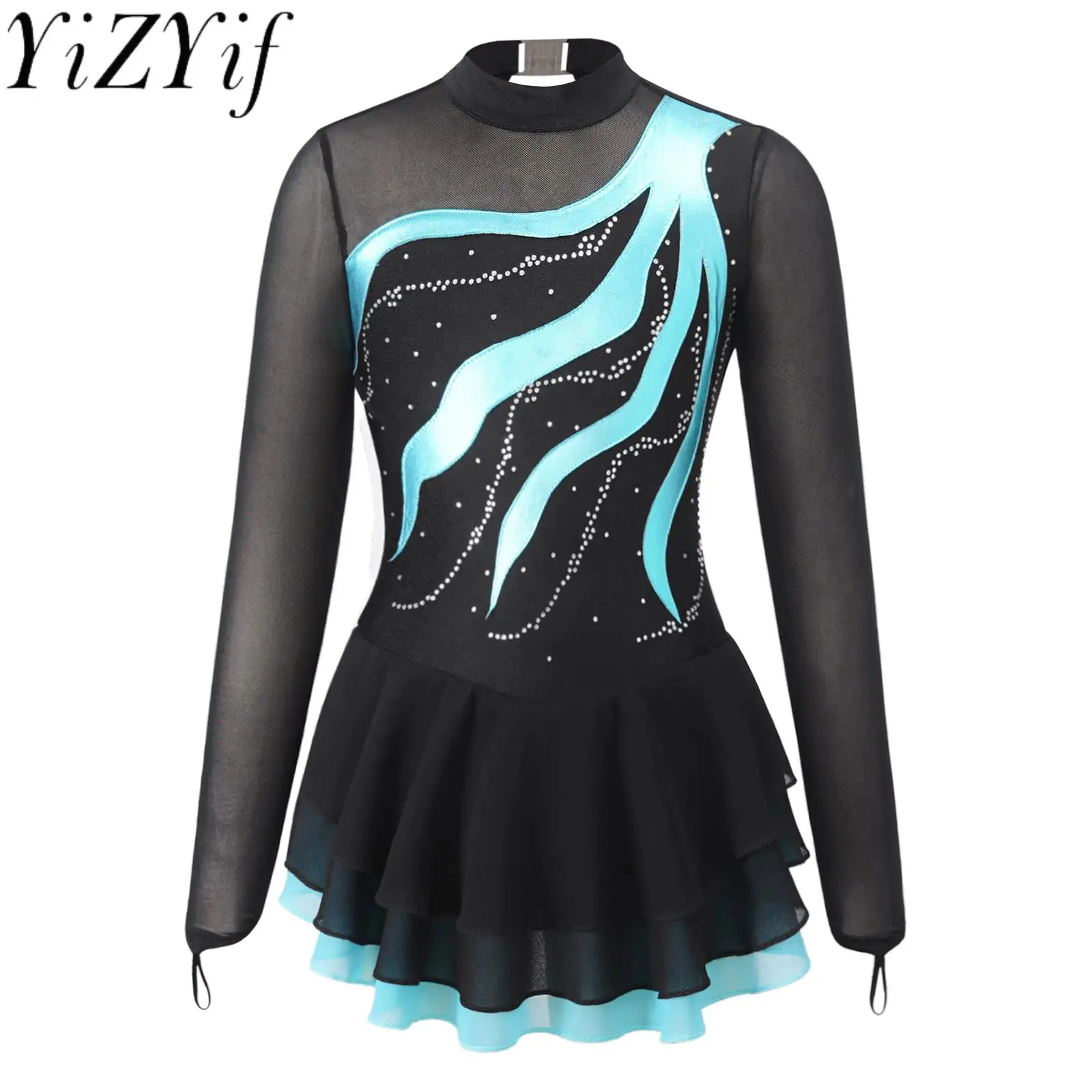 Kids Girls Rhinestone Figure Skating Dress Mesh Splice Ballet Dance Gymnastics Leotards Stage Performance Competition Dancewear