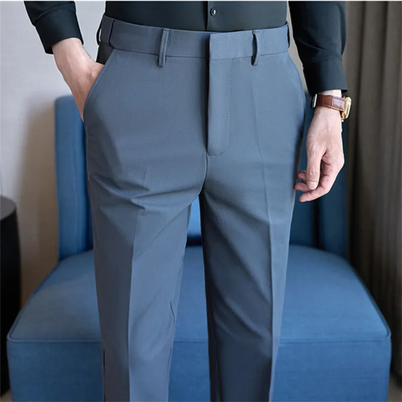 Celana Setelan Musim Semi Musim Gugur Celana Setelan Kasual Pintar Slim Fit Fashion Warna Solid Pria Celana Panjang Korea Pinggang Elastis Pria