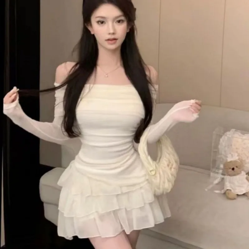 Sweet Sexy Off Shoulder Slim Fit Long Sleeve Tops Women+ Y2k High Waist Ruched Cake Skirts 20234 Summer New Two Piece Sets