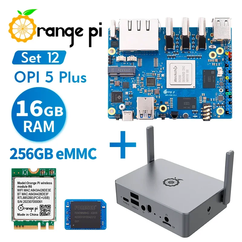 Orange pi 5 plusシングルボードコンピューター,アルミニウム合金ハウジング,wifiモジュール,256g,ddr4,Rockchip,rk3588,mini pc,sbc,16g