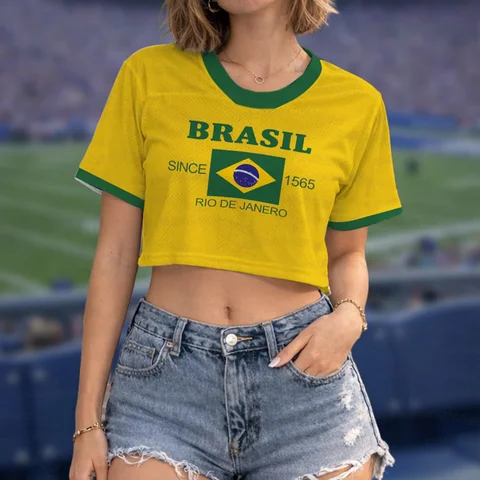 Summer 2026 New Women's Brazil Print Football Jersey Round Neck Short Sleeve Jersey Cheerleaders Crop Top T-shirt