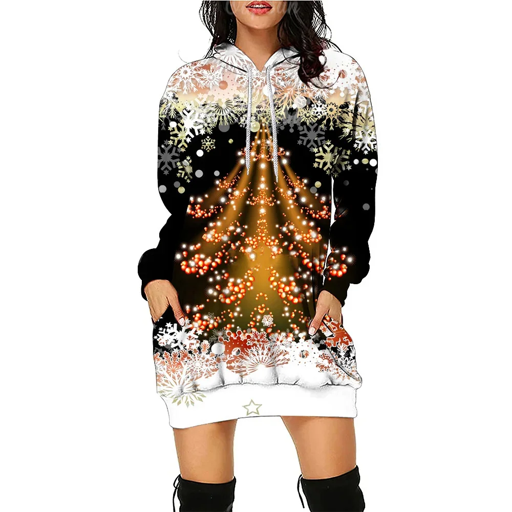 Christmas Tree Women\'s Hoodies Dress New Funny Fashion Mid-Length Pullover Autumn Women Loose Casual Sport Hoodie Dress