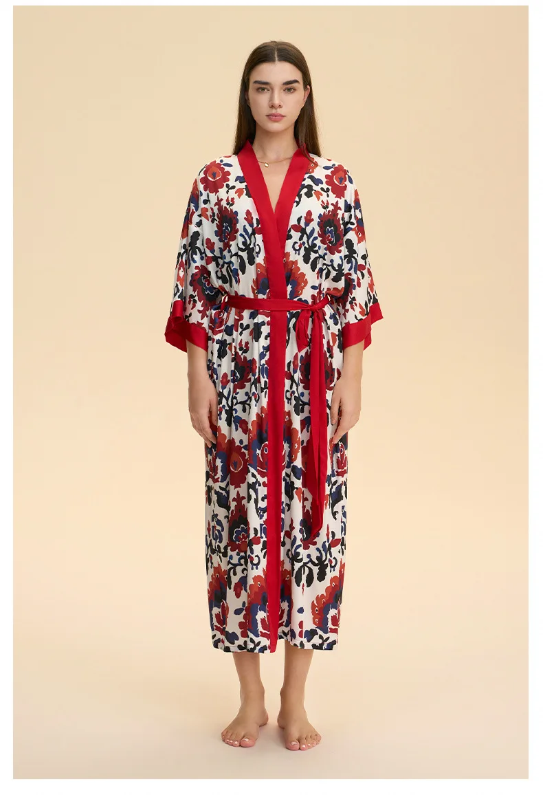 

Летний женский шелковый халат с поясом, легкий свободный длинный халат с цветочным принтом, весенне-осенняя одежда для дома