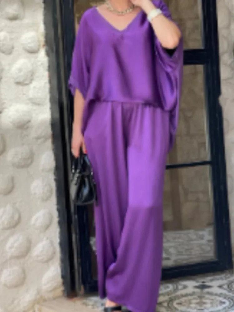 Set Longgar Kasual Wanita Atasan Pullover Leher V Solid Mode + Celana Kaki Lebar Dua Potong Set untuk Wanita Pakaian Kantor Wanita Baru